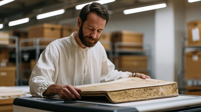 National archives technician positions a water-damaged nineteenth century census ledger on a flatbed scanner cradle, adjusting alignment under overhead lights in a
