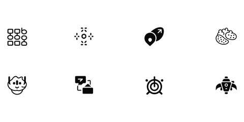 Set of eight black featuring abstract symbols, map pins, food, robot head, speech bubble, target, and rocket ship © ico-vect