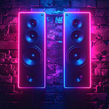 Glowing Neon Speakers Mounted on Textured Brick Wall in Vibrant Blue and Pink Light