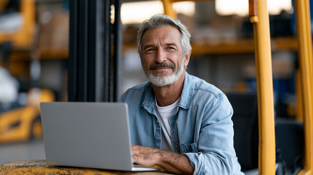 Factory shift manager attending first hybrid all-hands meeting via laptop propped on forklift hood, industrial warehouse setting, blue-collar remote access, workforce inclusion,
