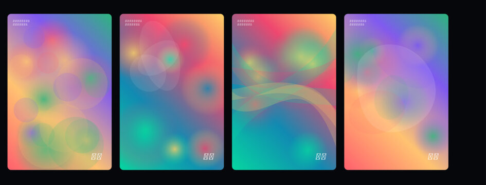 Vibrant abstract backgrounds, colorful gradient textures, neon geometric patterns, 4-panel vector design set