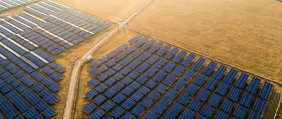 Fototapeta premium Aerial view of solar panel farm with organized rows of photovoltaic arrays on golden fields, renewable energy infrastructure for sustainable power generation.