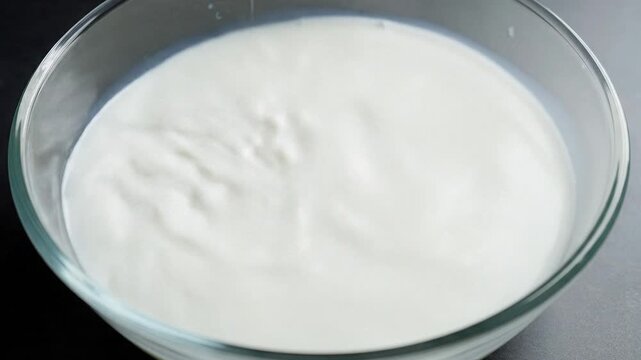 Pouring White Milk Into A Glass Bowl Of Clear Water
