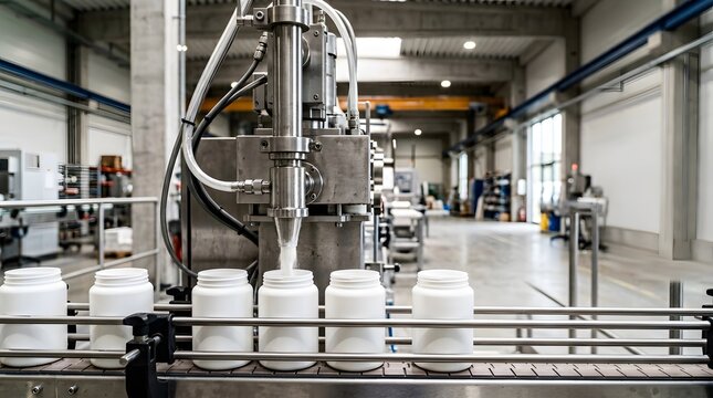 automated powder filling equipment packaging nutritional supplement products into generic containers for pharmaceutical and food manufacturing operations