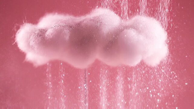 Fluffy Cloud Raining Shiny Glitter Particles On Pink Background
