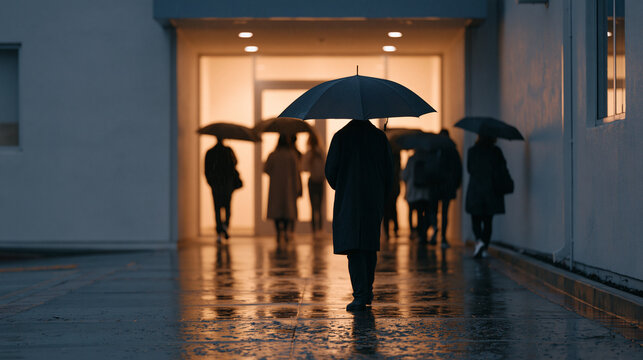 Rain-soaked street outside community college continuing education building, adult students arriving with umbrellas for evening classes, illuminated entrance reflecting in wet