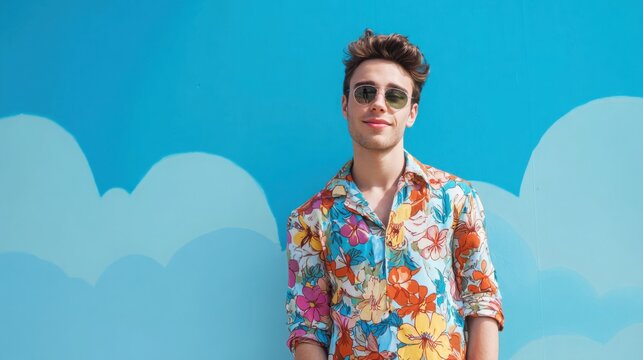 Smiling young man wearing colorful vintage floral shirt, sky blue background with subtle cloud shapes, relaxed summer street style, ultra realistic