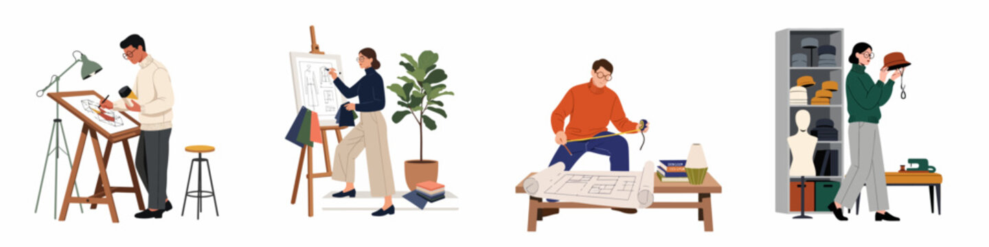 Set of illustrations depicting diverse creative professionals including architects, fashion designers, and milliners at work in their studios on white background.