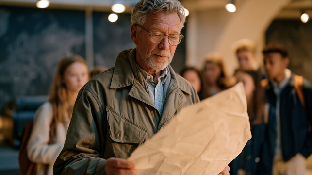 Museum docent in a olive surplus jacket reads decommissioned cipher messages aloud to a small student group huddled in a converted NATO bunker exhibit, original Teletype machinery