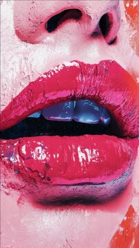 Close-up of a person's lips in pink lipstick with visible teeth in the background. High contrast and vibrant colors.