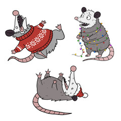 Funny Christmas opossum characters vector set. Cute possum playing dead in Santa hat, screaming in ugly Christmas sweater, and tangled in festive fairy lights