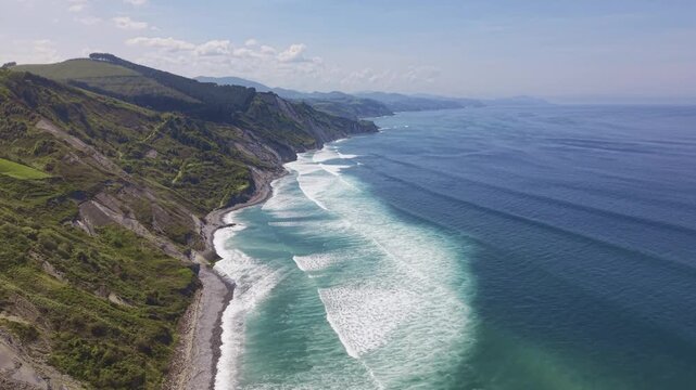 Coastal cliffs and ocean aerial panoramic landscape. Flysch Begiratokia - Baratzazarrak. Deva, Gipuzkoa, Spain.