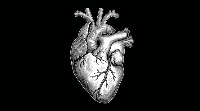 Highly detailed anatomical human heart black and white engraving isolated on black background