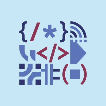Abstract coding symbols and geometric shapes on a blue background