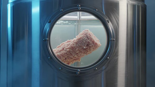 Slow push-in on a stainless steel bioreactor with cultured lab-grown meat visible through a glass window in a biotech lab