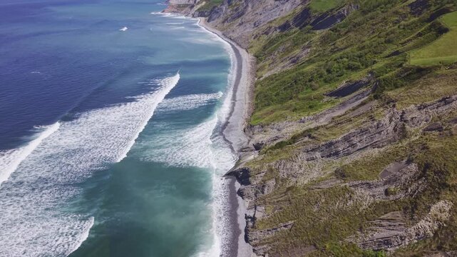 Rocky coastline and green cliffs aerial landscape. Flysch Begiratokia - Baratzazarrak. Deva, Gipuzkoa, Spain.