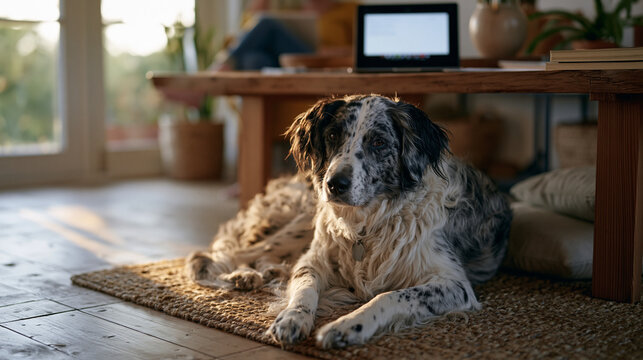 Dog curled beneath work-from-home desk while remote worker stares at blank video call waiting room on screen, quiet domestic loneliness contrasting with digital connectivity, late