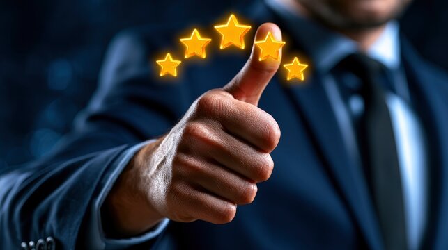 Five star rating thumbs up by businessman in dark suit with cinematic macro focus for customer satisfaction marketing