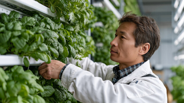 Technician calibrating LED photoperiod timers inside a vertical farm tower module, reaching overhead between triplicate racks of arugula at various growth stages, the facility's