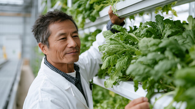 Technician calibrating LED photoperiod timers inside a vertical farm tower module, reaching overhead between triplicate racks of arugula at various growth stages, the facility's