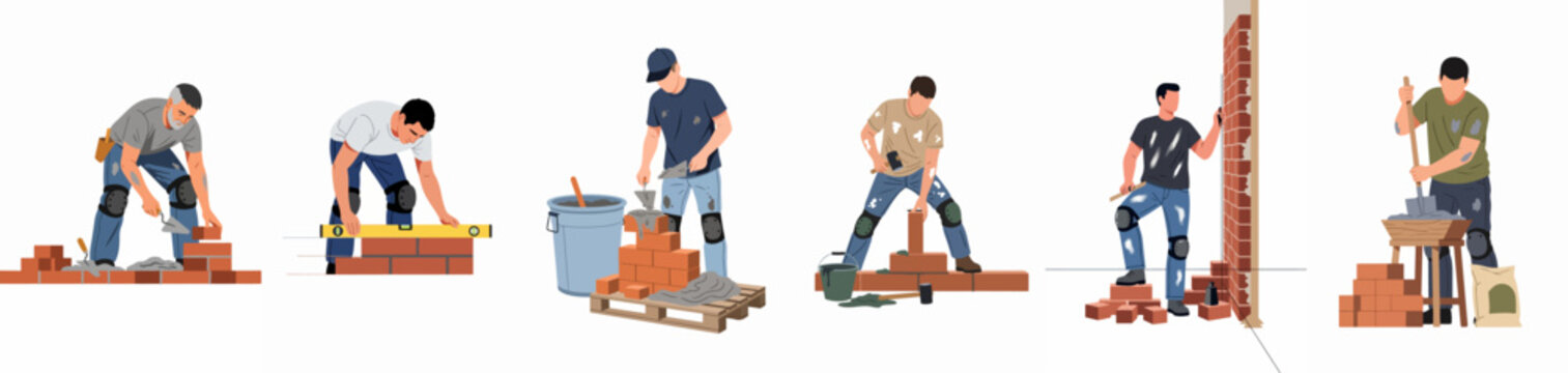 Flat vector illustration set of professional bricklayers and masons performing various construction tasks like laying bricks, leveling walls, and mixing mortar.