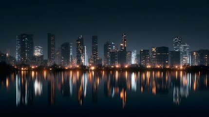 Fototapeta premium A streamlined and futuristic city skyline illuminated by intricate digital lights at twilight