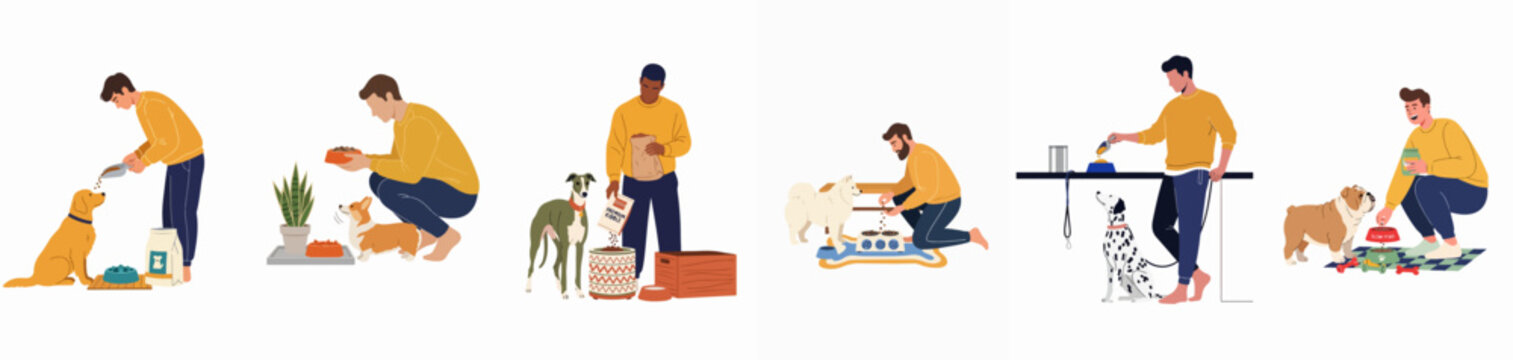 Diverse Men Feeding Various Dog Breeds with Kibble and Treats in a Collection of Flat Illustration Scenes
