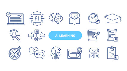 Fototapeta na wymiar AI education and learning icons set. AI assistant, chatbot, writing tools, learning workflow, assessment, translation, and smart productivity concepts. Vector flat illustrations on a white background.