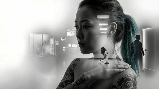 Psychological double exposure concept of an Asian woman escaping from a toxic relationship or traumatic memory