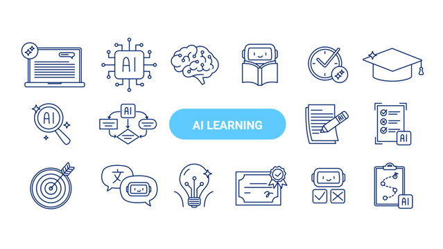 AI education and learning icons set. AI assistant, chatbot, writing tools, learning workflow, assessment, translation, and smart productivity concepts. Vector flat illustrations on a white background.