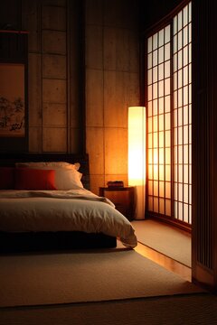Serene bedroom interior with traditional shoji screens and soft glow