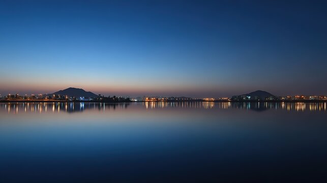 City lights reflecting on calm water at twilight