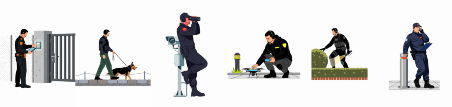 Set of flat vector illustrations of security guards performing various tasks like patrolling with a dog, using binoculars, operating a drone, and conducting searches.