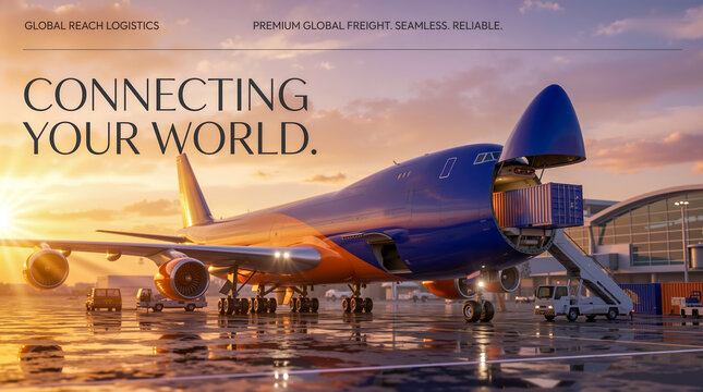International air freight logistics concept showing a modern cargo plane loading containers at a bright airport during sunset.