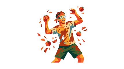 Obraz premium Energetic Man Participating in Tomato Throwing Festival Vector Illustration