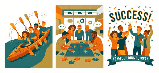 Fototapeta premium Corporate team building concept posters with rafting puzzle solving and success celebration