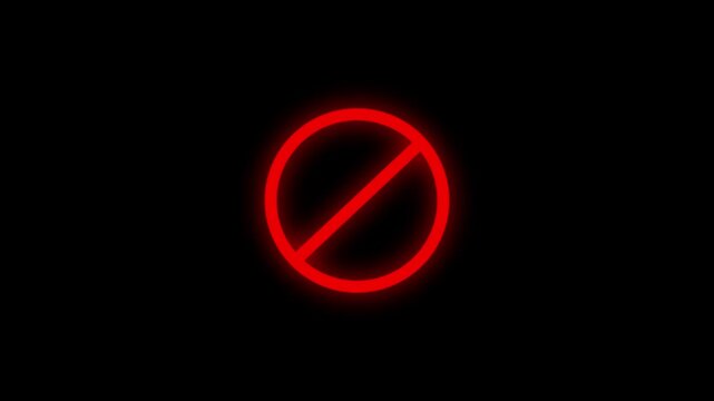 Red color neon ban or no entry icon animation .Warning or no entry forbidden circle .4k video