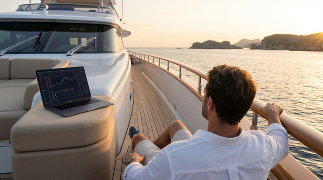 A man sitting on a boat looking at a laptop computer