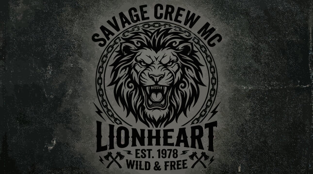 A fierce lion's head logo with Savage Crew MC and Lionheart text on a dark background with wild and free theme and chain border