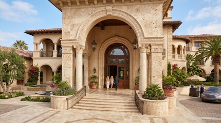 Fototapeta premium Mediterranean style luxury villa entrance with travertine stone arches and tropical garden