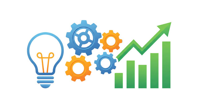 Business development and growth concept vector illustration with lightbulb idea gear wheels mechanism and rising financial bar chart graph