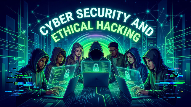 Hooded hackers group working with secure computers in cyber security and ethical hacking concept