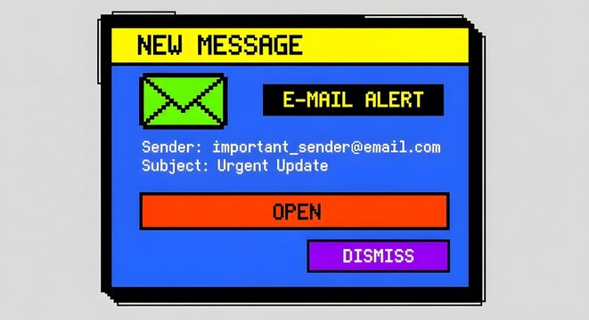Notification window shows a digital email alert with urgent subject lines and interactive buttons.