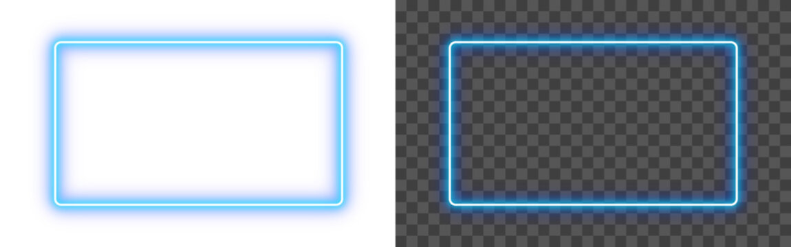 Blue neon glow rectangle frame isolated on PNG transparent background. Futuristic light glowing shining rectangular outline border for banners, modern designs, video and web. Vector illustration.