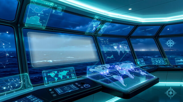 Advanced futuristic ship bridge command deck with glowing holographic navigation maps illustration