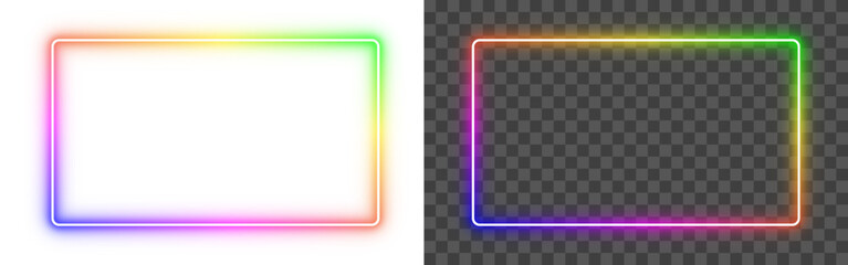 Rainbow color gradient neon glow rectangular frame isolated on PNG transparent background. Futuristic light glowing shining outline border for banners, modern designs, video. Vector illustration. © LionStudio