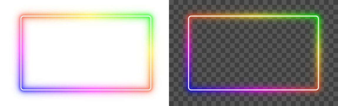 Rainbow color gradient neon glow rectangular frame isolated on PNG transparent background. Futuristic light glowing shining outline border for banners, modern designs, video. Vector illustration.