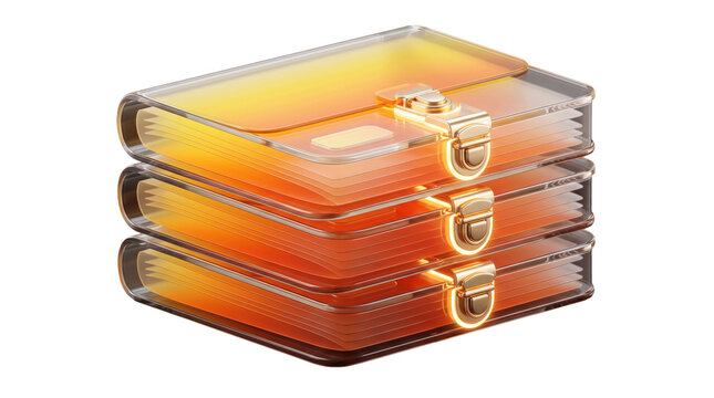 Futuristic 3D icon of a stack of transparent cases or folders with golden fasteners, made in the style of "glassmorphism" with warm yellow-orange backlighting  