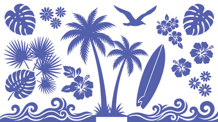 Tropical summer beach silhouettes vector set, blue palm trees and surfboard icons, hibiscus flowers and monstera leaves collection for vacation design © Shahzad