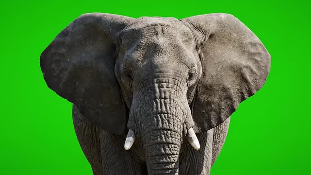 Close-up frontal view of an African elephant with large ears against a green screen background.